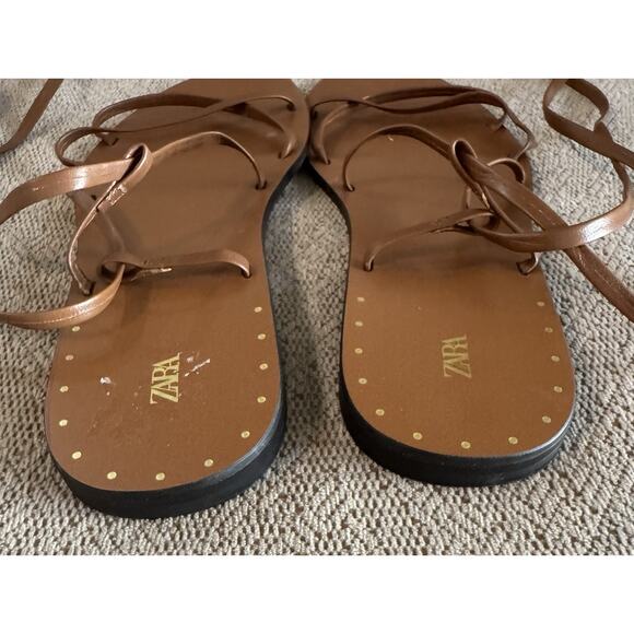 Zara Women’s Brown Leather Flat Strap Gladiator Sandals Bohemian Size 9 - Picture 6 of 6